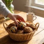 A basket of fresh rhubarb muffins served with coffee on a sunny table.