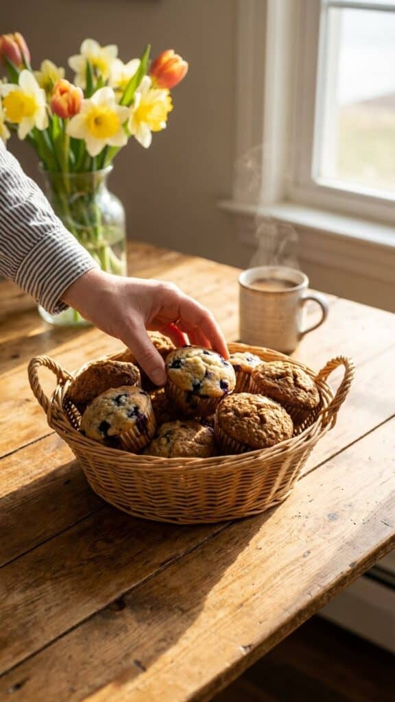 A basket of fresh rhubarb muffins served with coffee on a sunny table.
