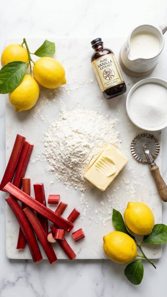 Ingredients for rhubarb scones including fresh rhubarb stalks, lemons, flour, butter, and cream on marble.