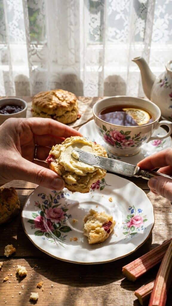 A glazed rhubarb scone served on a floral plate with a cup of tea in the background.