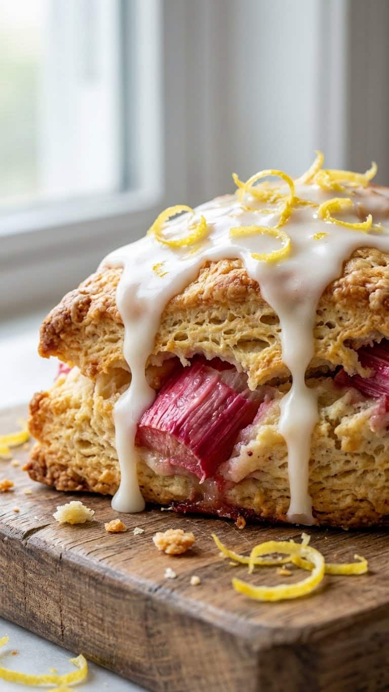 A golden baked scone with chunks of pink rhubarb and a white vanilla glaze drizzle.