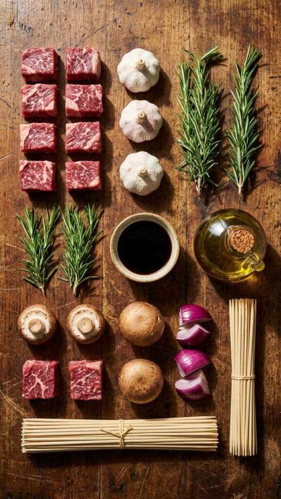 Flat lay of ingredients for steak kebabs including raw beef, rosemary, garlic, and skewers.