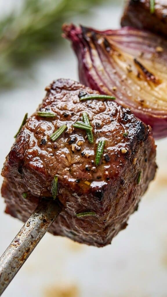 Close-up of a juicy grilled steak cube on a skewer with rosemary seasoning.