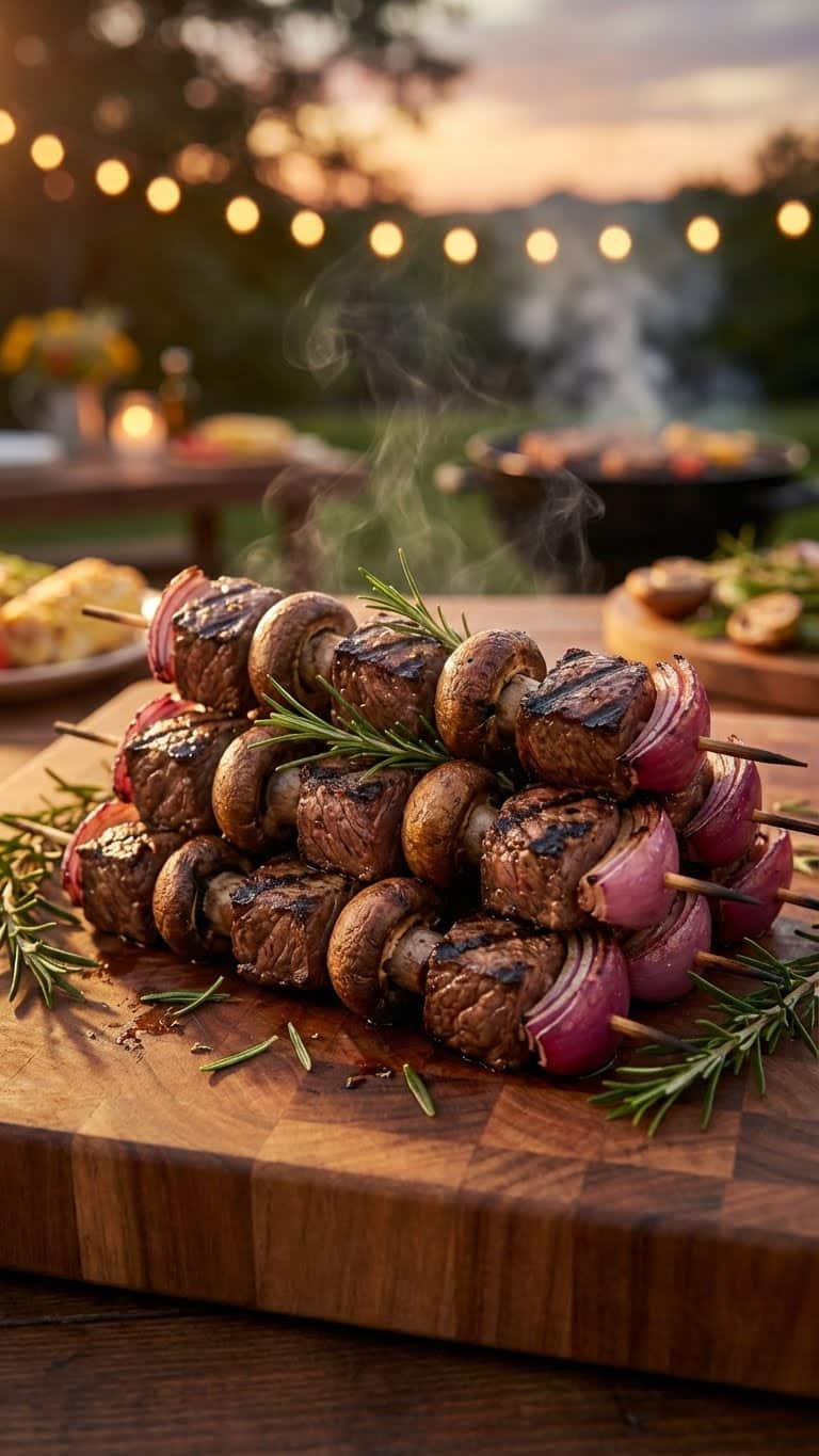 Grilled steak kebabs with mushrooms and onions garnished with fresh rosemary on a wooden board.