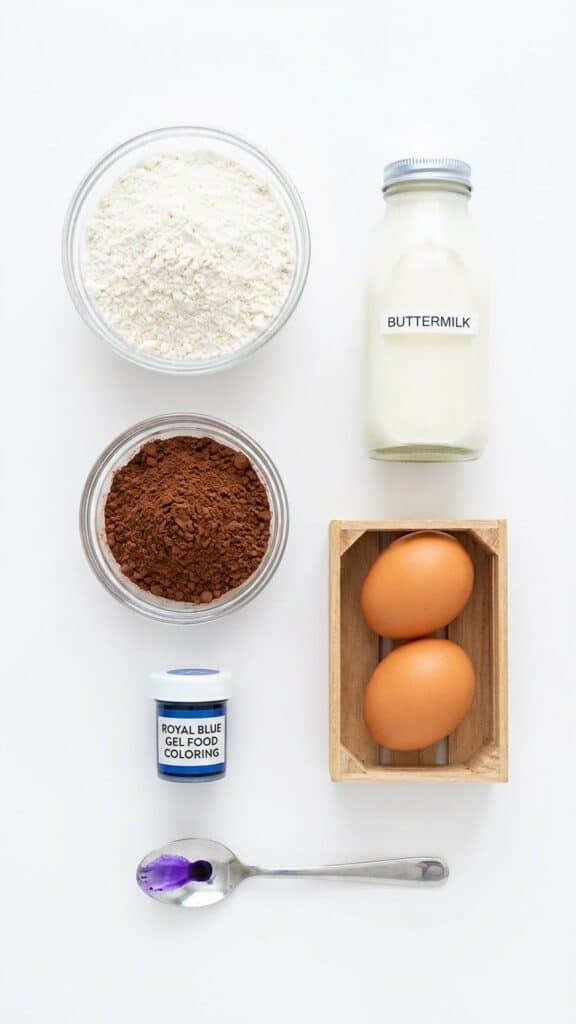 Flat lay of ingredients for Blue Velvet cake including buttermilk, cocoa, and blue gel coloring.