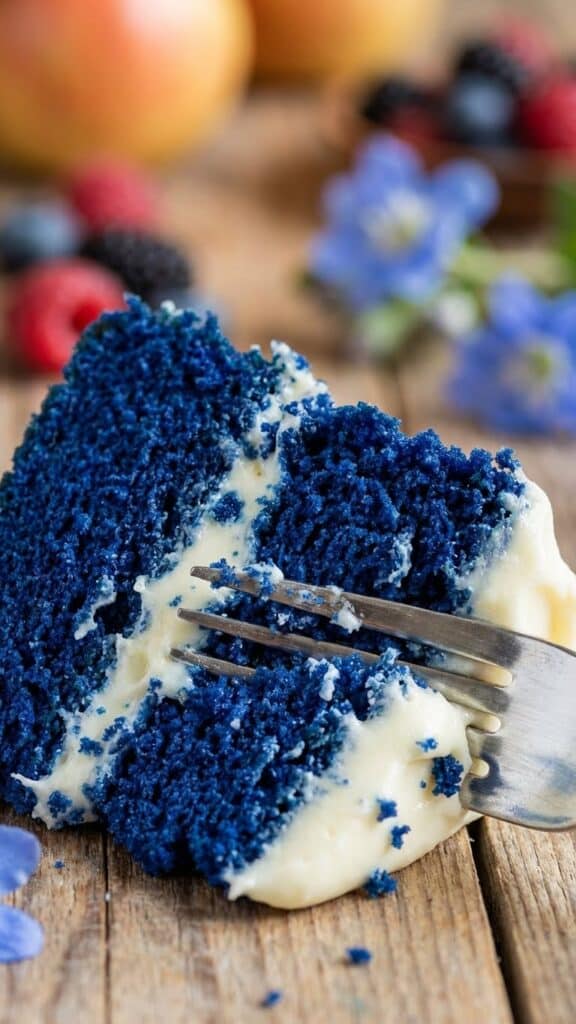 Close-up of a fork cutting into a moist slice of Royal Blue Velvet cake.