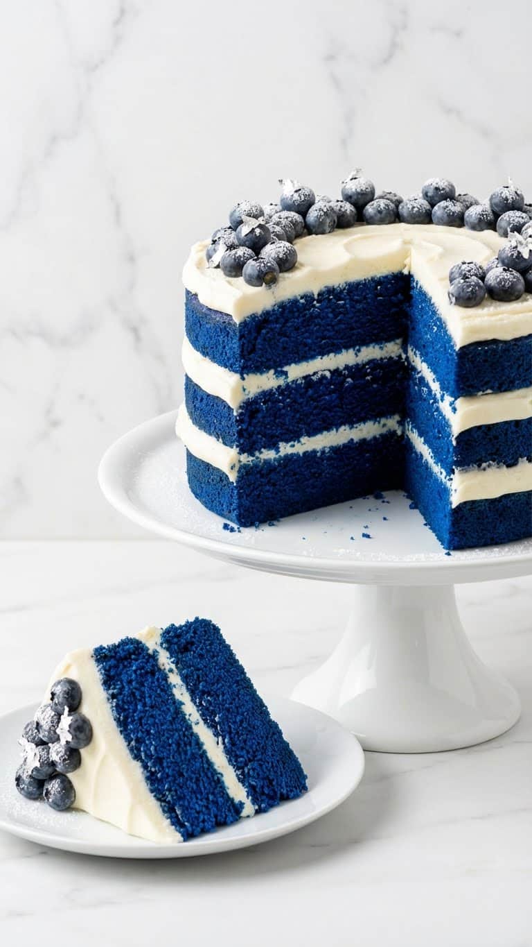 A three-layer Royal Blue Velvet cake with white cream cheese frosting and fresh blueberries.