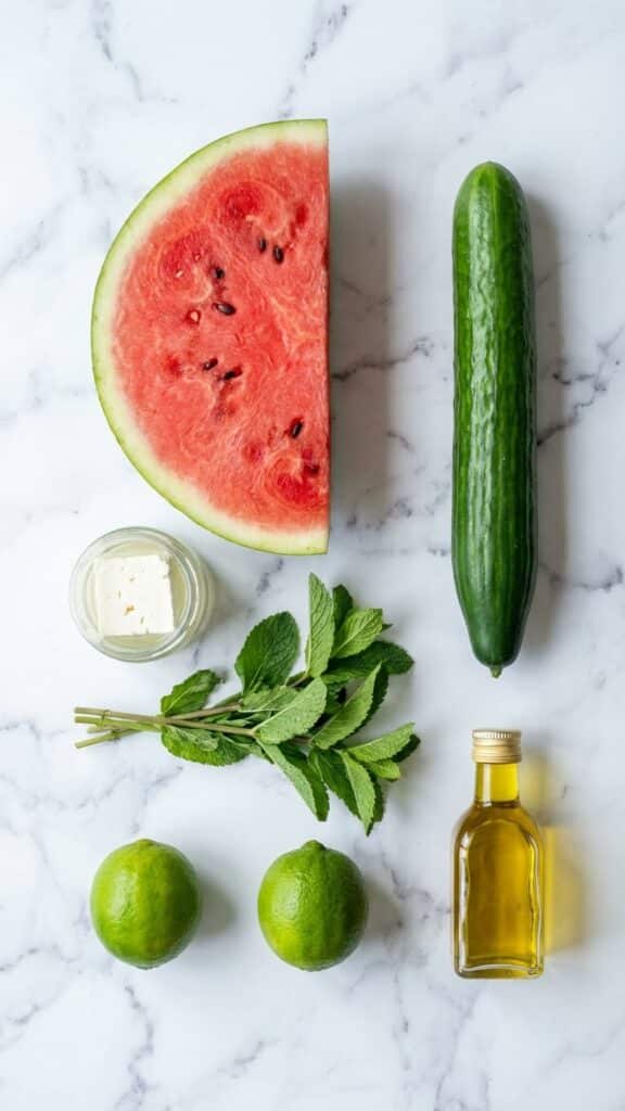 Flat lay view of raw ingredients including a watermelon wedge, cucumber, feta block, fresh mint, and limes laid out on marble.