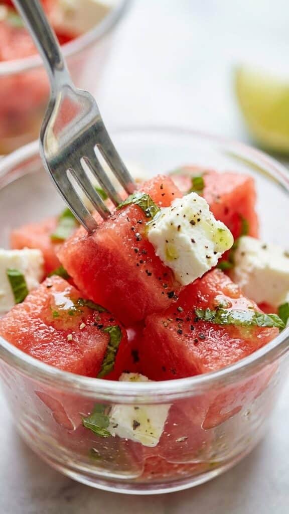 Close-up of a fork lifting a piece of watermelon and feta cheese from a small serving bowl.