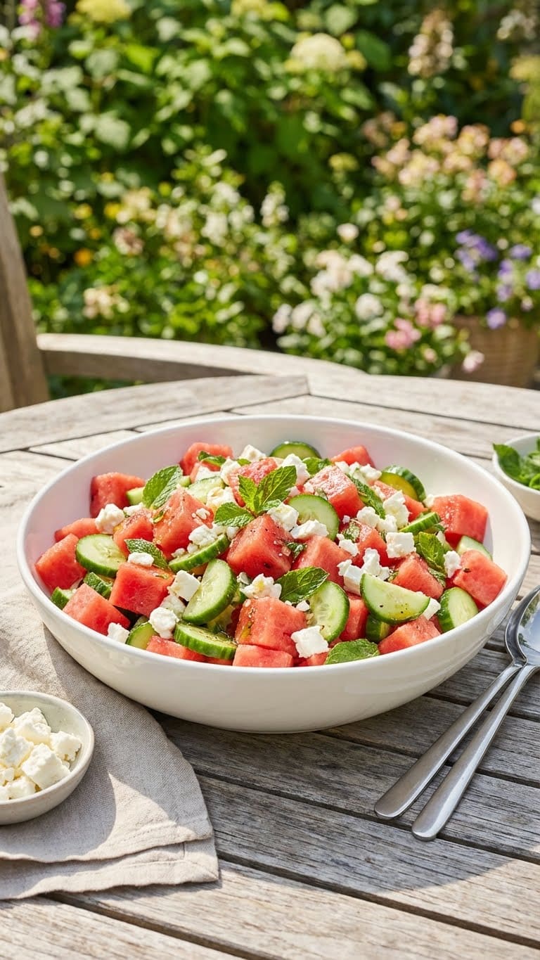 A large serving bowl filled with colorful watermelon, cucumber, and crumbled feta salad garnished with mint on an outdoor table.