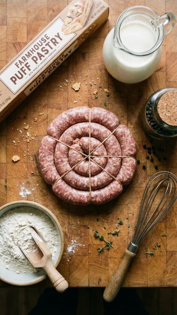 Ingredients for sausage gravy pie including bulk sausage, milk, flour, and puff pastry.
