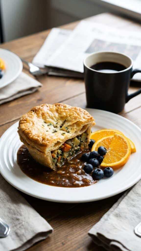 A serving of breakfast pot pie on a plate with fresh fruit and coffee.