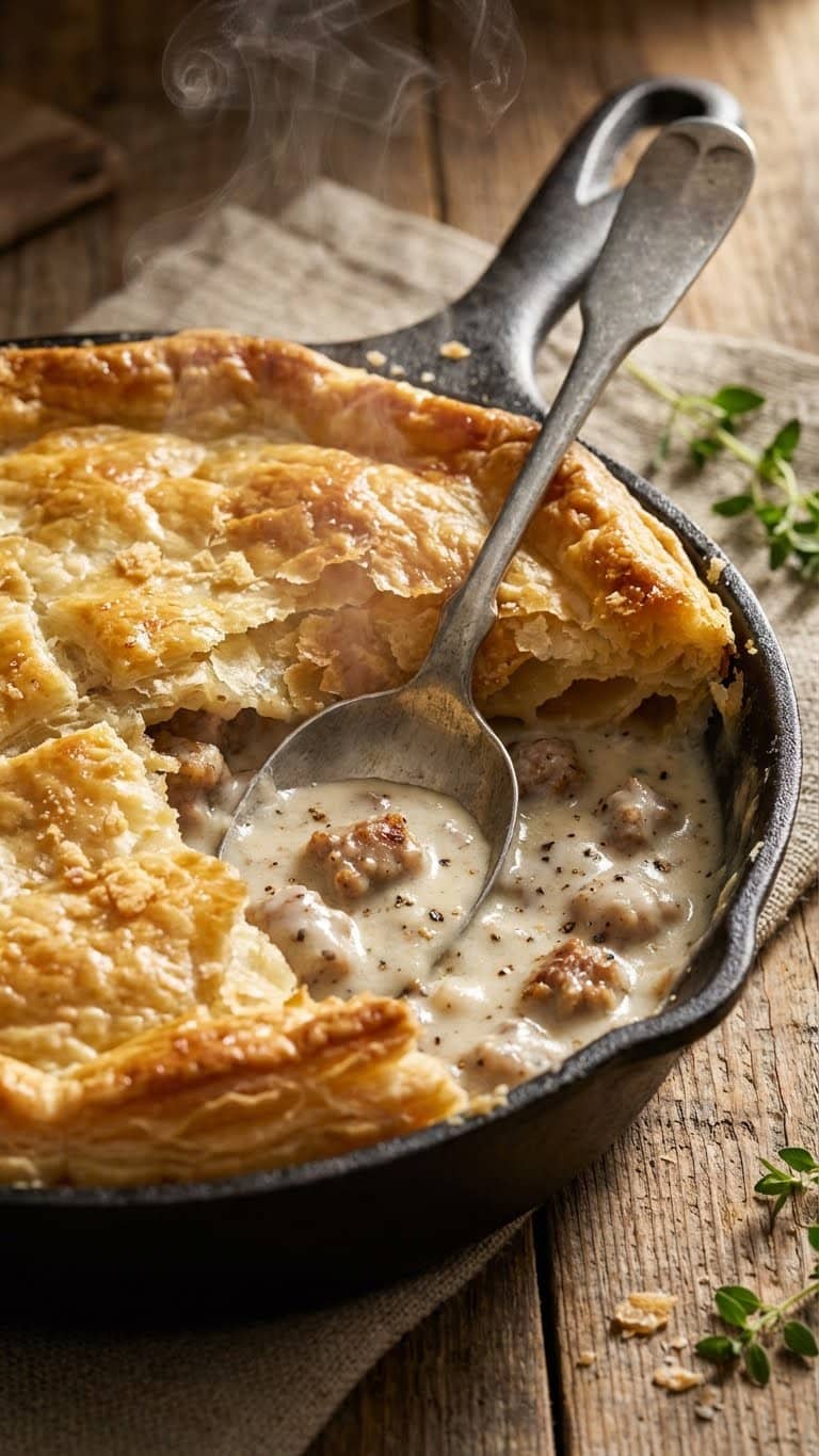 A cast iron skillet breakfast pie with a broken puff pastry crust revealing creamy sausage gravy.