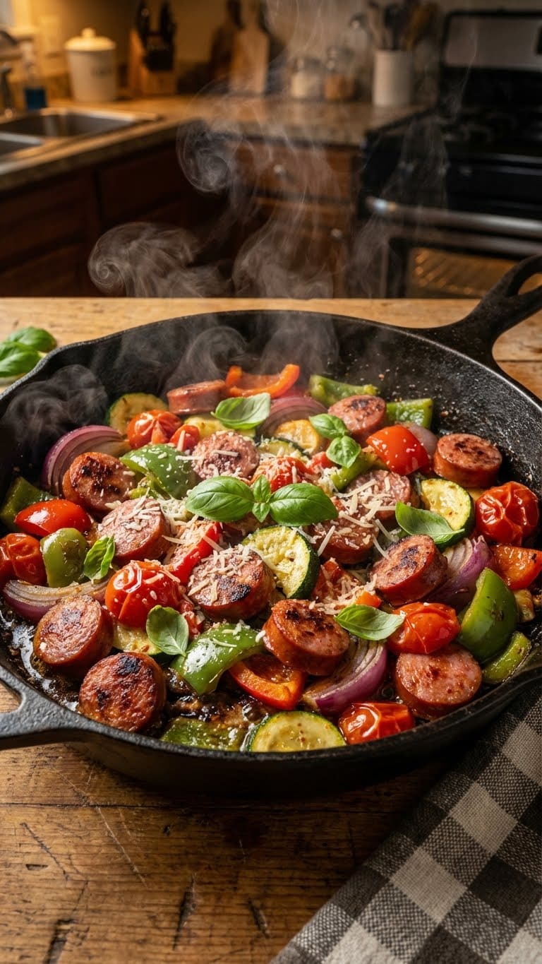 Close-up of a sizzling cast iron skillet filled with browned sausage slices, colorful bell peppers, onions, and zucchini.