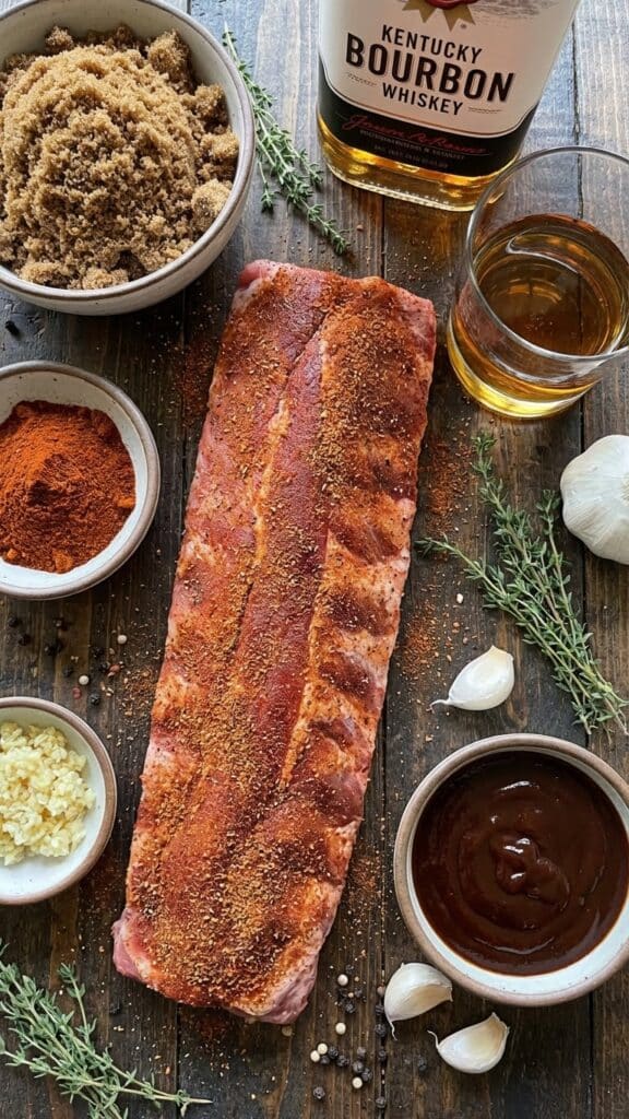Raw ingredients for whisky ribs including a rack of ribs with rub, a bottle of whisky, spices, and sauce ingredients on a wooden table.