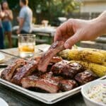 A platter of cut whisky glazed baby back ribs being served at a backyard barbecue with corn and coleslaw.