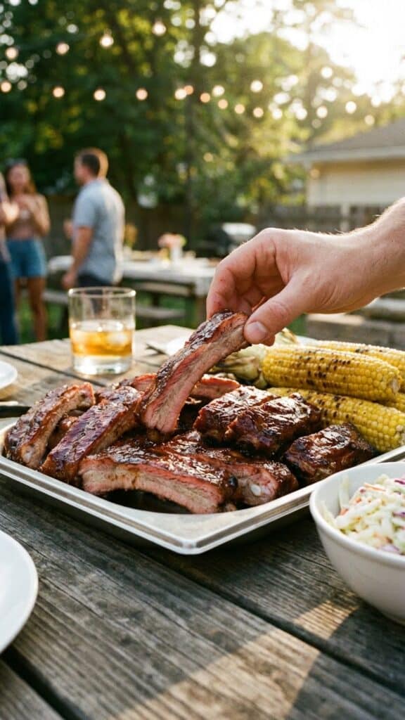 A platter of cut whisky glazed baby back ribs being served at a backyard barbecue with corn and coleslaw.