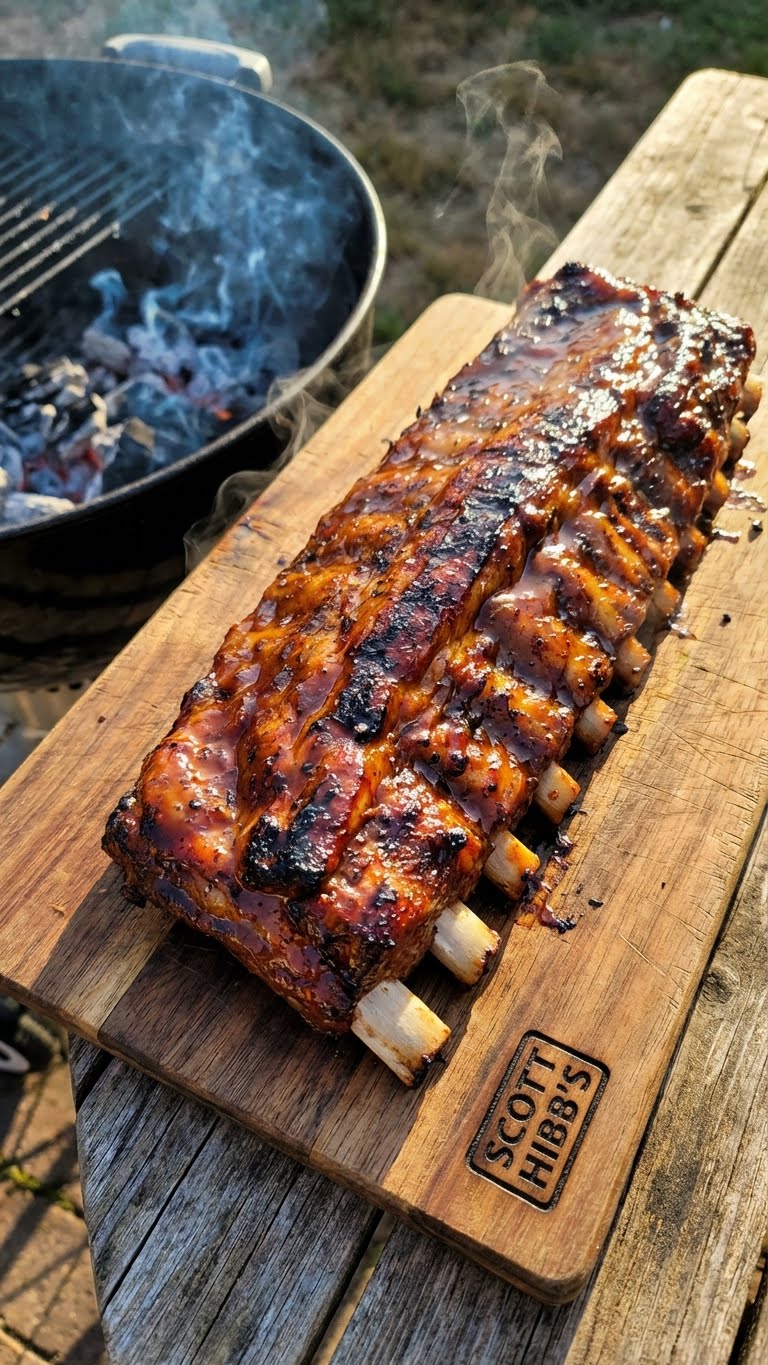 Close-up of a rack of grilled baby back ribs with a glossy whisky glaze, showing meat pulling away from the bones on a rustic board.