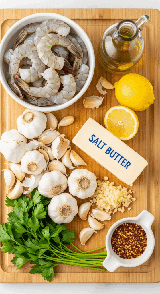 Raw ingredients for garlic shrimp including shrimp, garlic, butter, lemon, and parsley laid out on a wooden board.
