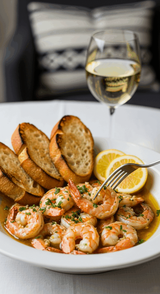 Plated garlic shrimp in a bowl served with toasted baguette slices and a glass of white wine.