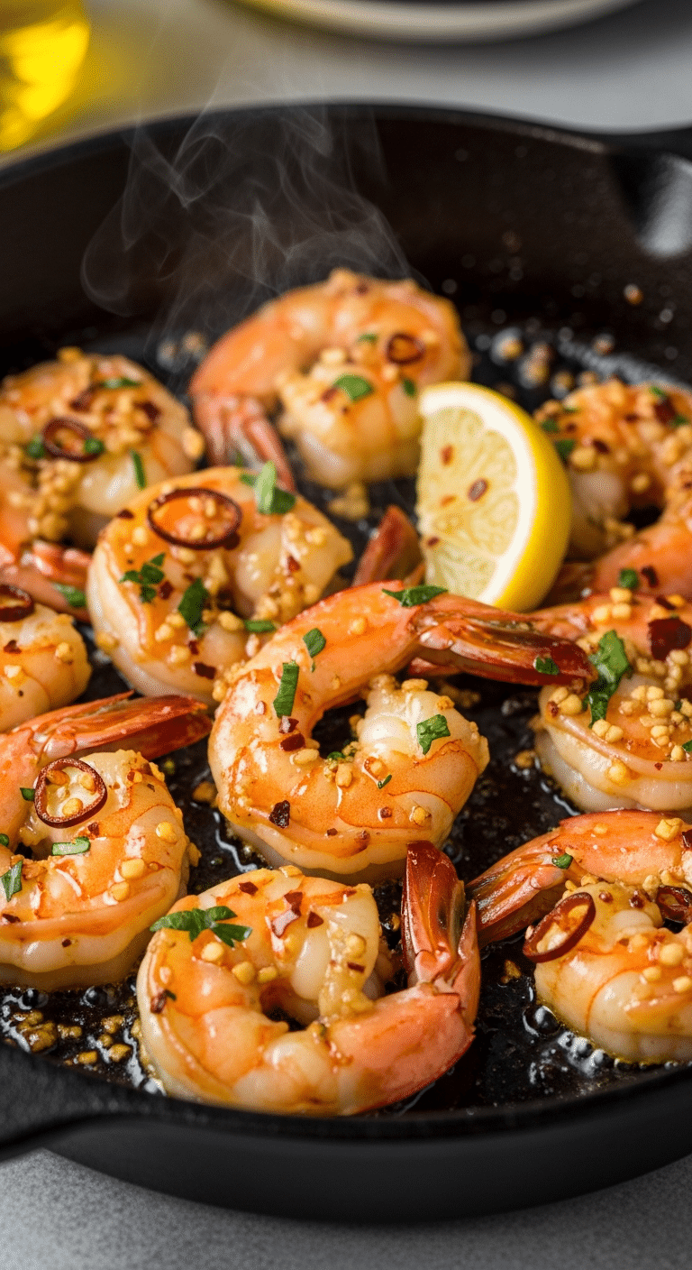 Close-up of plump garlic shrimp sizzling in a cast iron skillet with butter, parsley, and lemon.