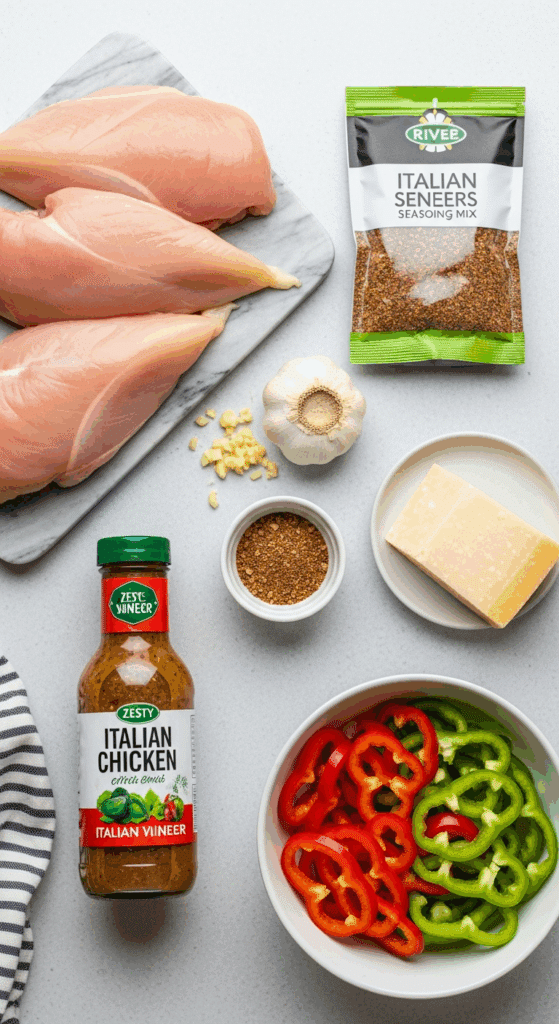 Overhead view of ingredients for Italian chicken: raw chicken, Italian dressing, dried herbs, garlic, peppers, and parmesan cheese on a counter.