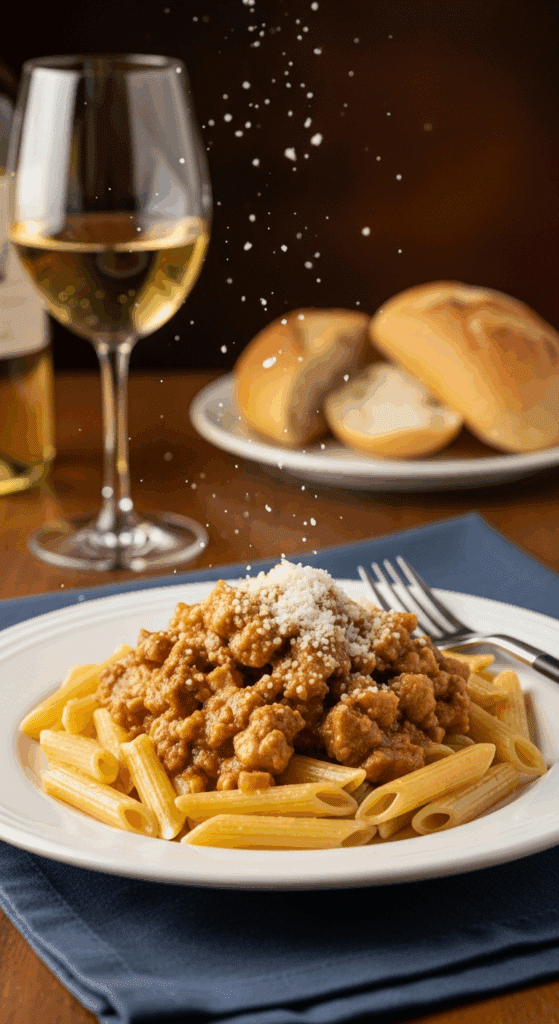 A plate of penne pasta topped with slow-cooked Italian chicken and peppers, sprinkled with parmesan cheese, served with white wine.