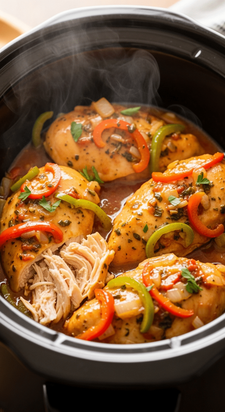 Slow cooker filled with tender Italian chicken, bell peppers, and onions in a savory herb sauce, garnished with fresh parsley.