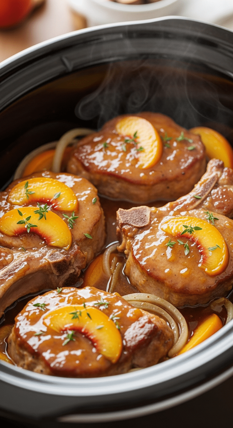 A close-up view inside a slow cooker filled with tender pork chops and soft peach slices covered in a thick, glossy golden sauce, garnished with thyme.