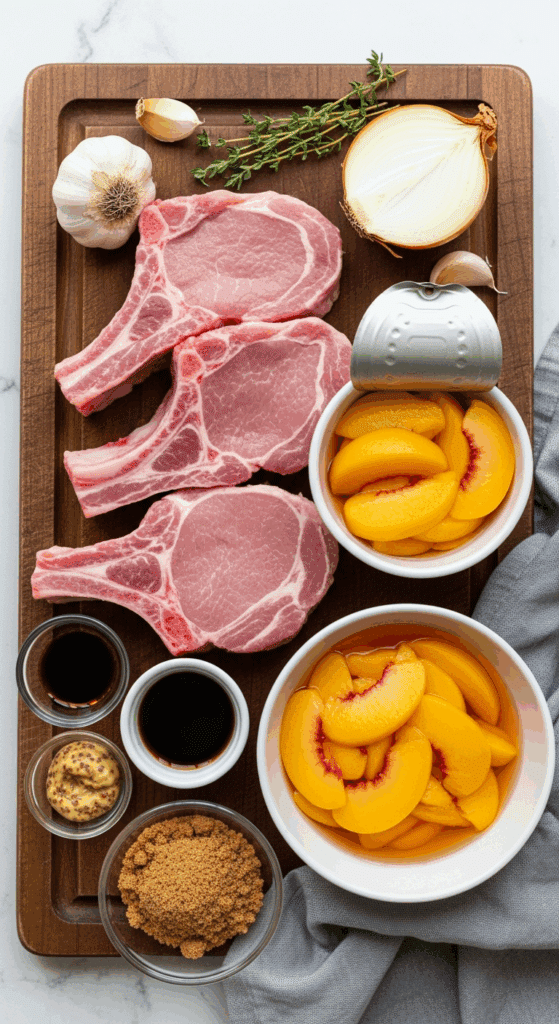 Overhead view of ingredients for peach pork chops: raw pork, sliced peaches, onions, garlic, brown sugar, soy sauce, and mustard on a wooden board.