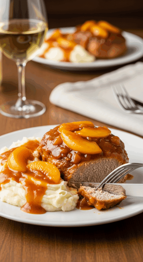 A plated pork chop covered in peach sauce served next to mashed potatoes, with a fork cutting into the meat in a cozy dinner setting.