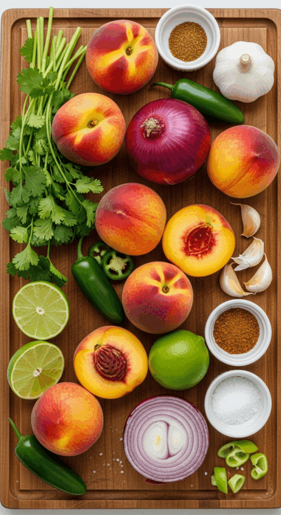 Overhead view of fresh ingredients for peach salsa: peaches, red onion, jalapeños, cilantro, limes, garlic, and spices arranged on a wooden board.