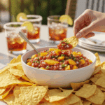 A large platter of slow-cooked peach salsa and tortilla chips on an outdoor patio table, with a hand dipping a chip, set against a sunny background.