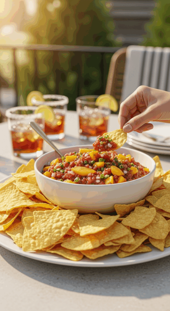 A large platter of slow-cooked peach salsa and tortilla chips on an outdoor patio table, with a hand dipping a chip, set against a sunny background.
