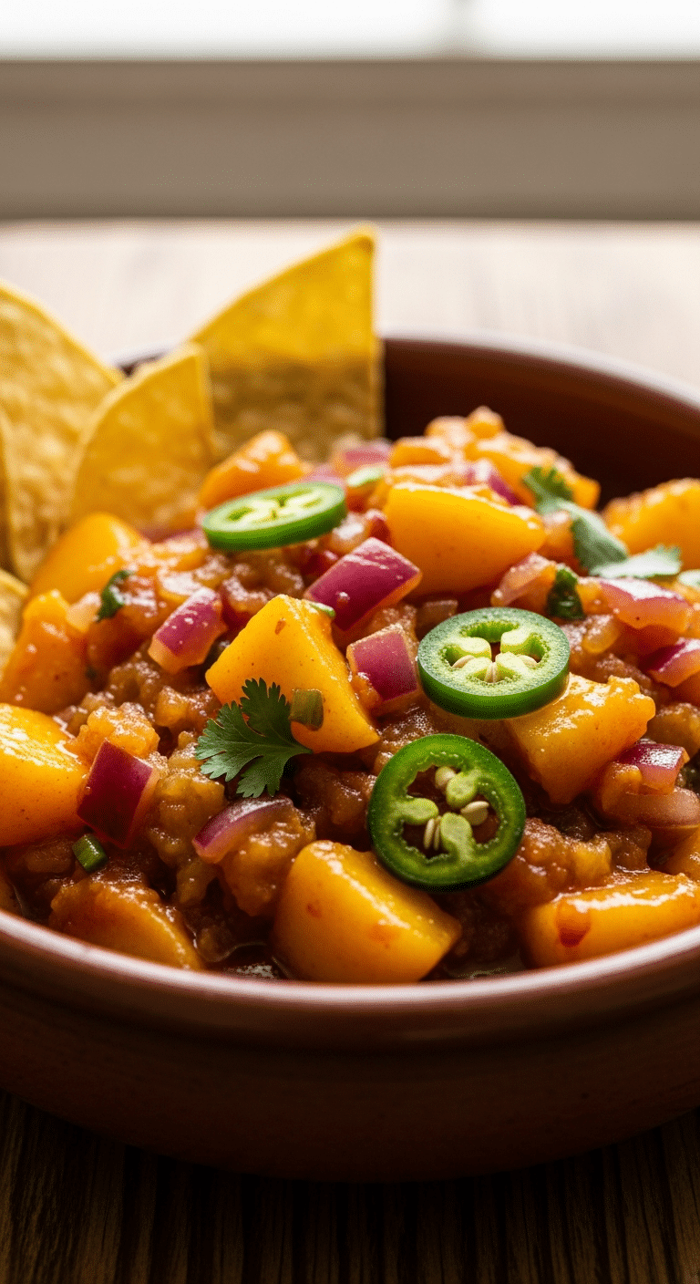 A close-up photograph of slow-cooked peach salsa in a rustic bowl, showing the caramelized peach chunks, onions, and cilantro with tortilla chips.