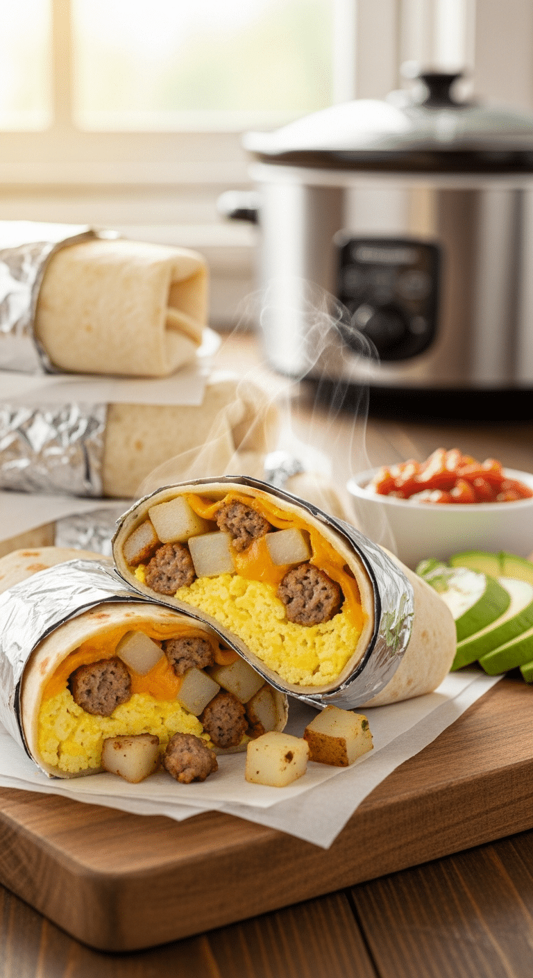 A close-up photograph of a stack of breakfast burritos, with one cut open to show a cheesy slow-cooker filling of eggs, sausage, and potatoes.