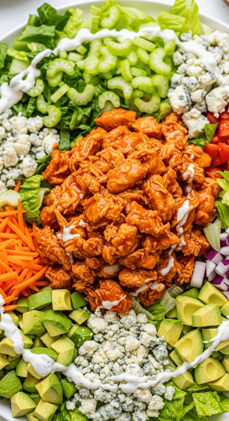 A large platter of salad featuring shredded slow-cooker buffalo chicken in the center, surrounded by lettuce, celery, carrots, avocado, blue cheese, and drizzled with dressing.