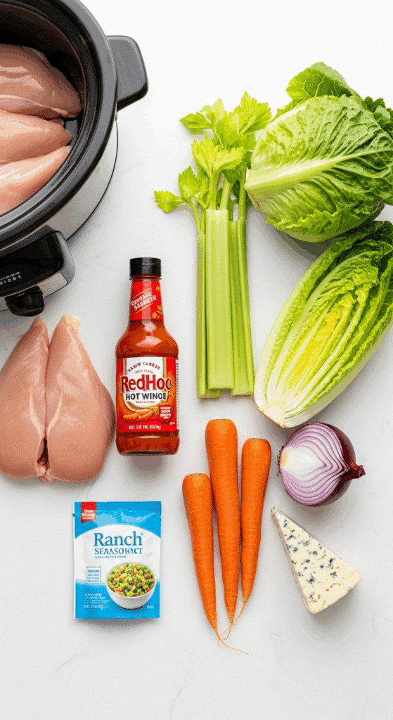 Overhead view of ingredients for buffalo chicken salad: raw chicken and hot sauce next to a slow cooker, alongside fresh lettuce, celery, carrots, and blue cheese.