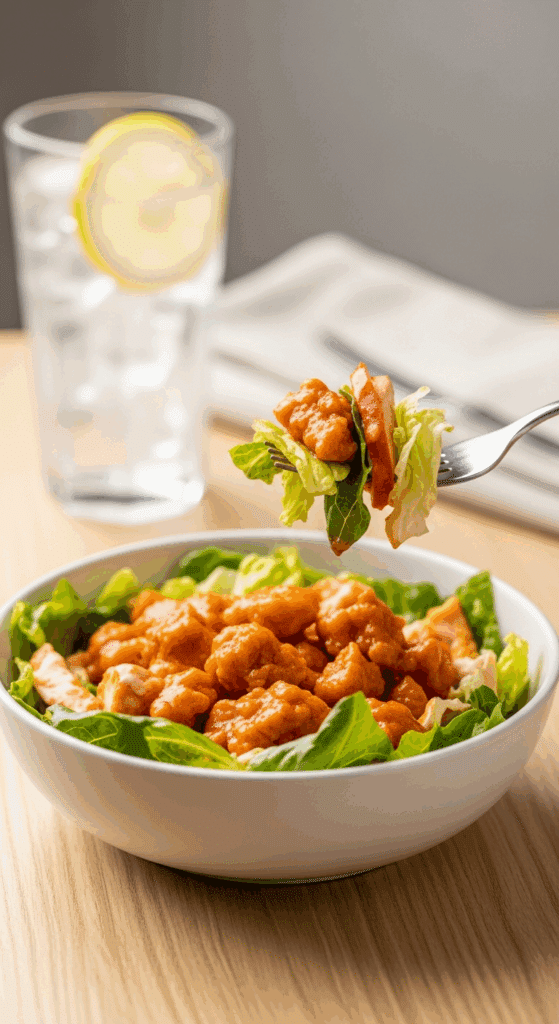 A bowl of buffalo chicken salad on a lunch table, with a fork lifting a bite of chicken and lettuce, set against a casual background.