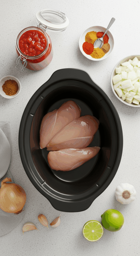 Overhead view of ingredients for slow-cooker tacos: raw chicken breasts, a jar of salsa, taco seasoning, onions, and lime surrounding a slow cooker pot.