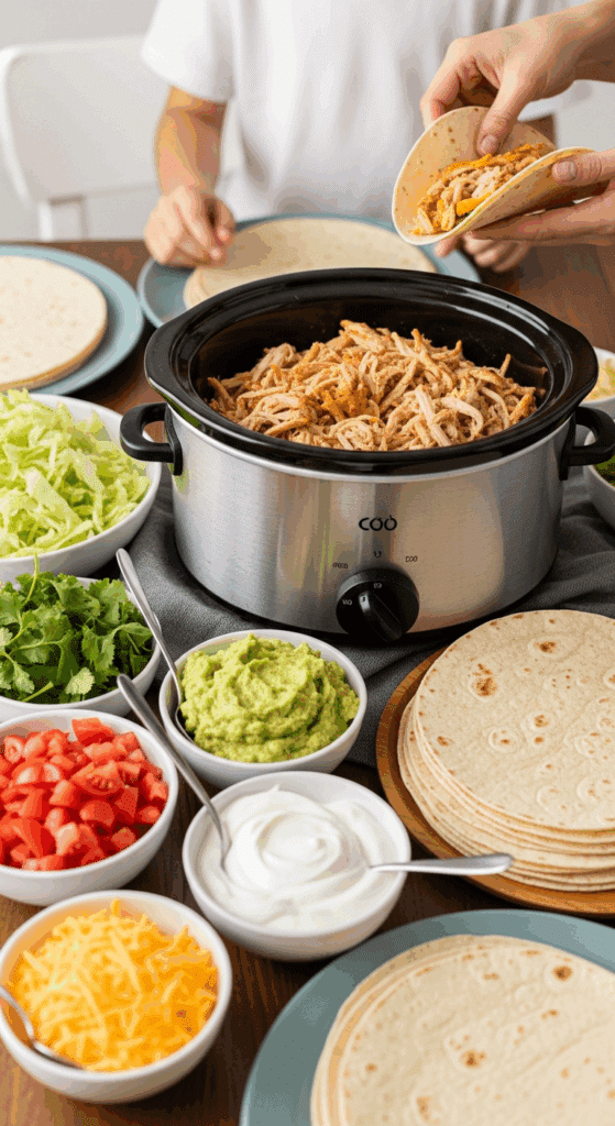 A family-style taco bar setup with a slow cooker of shredded chicken at the center, surrounded by bowls of toppings and tortillas, with a hand building a taco.