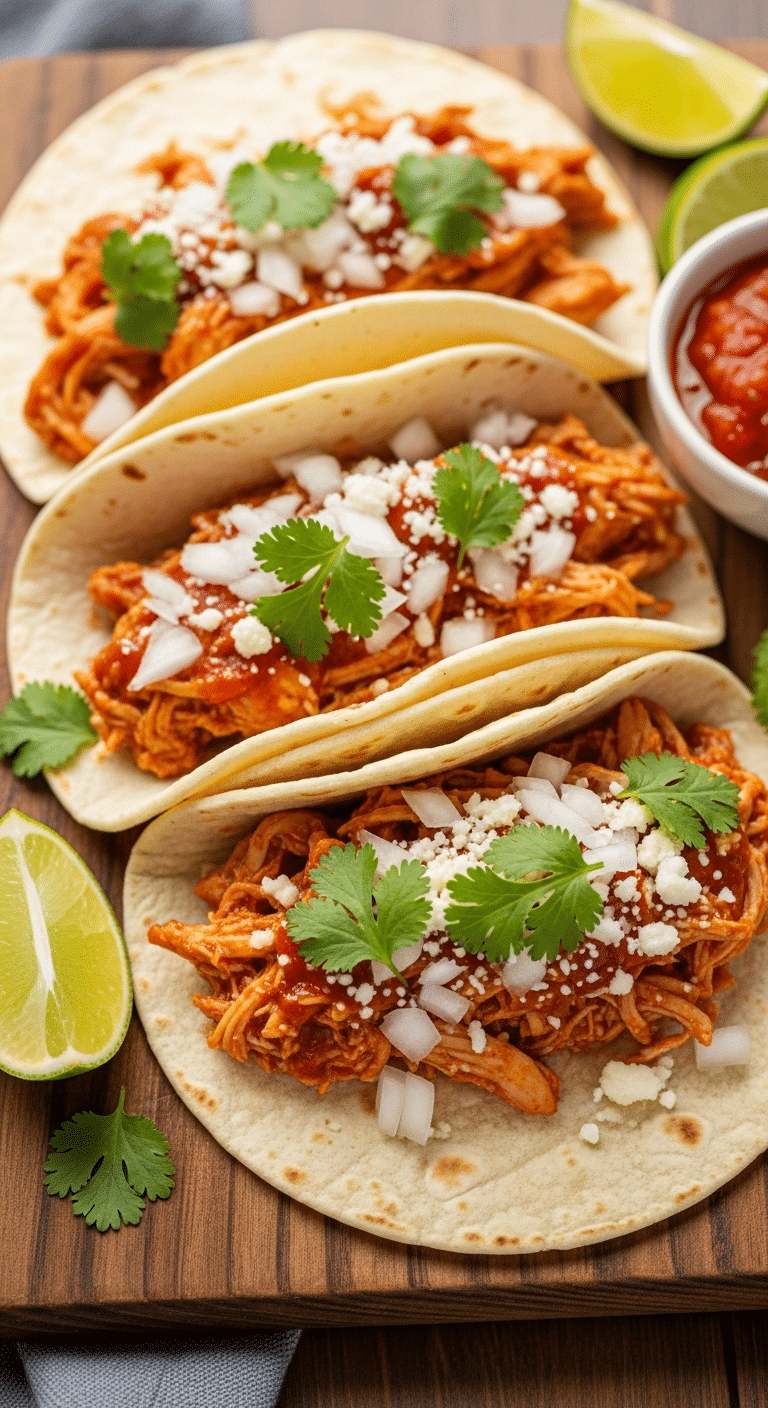A close-up photograph of three soft chicken tacos loaded with shredded meat, onions, cilantro, and cotija cheese on a wooden board with lime wedges.