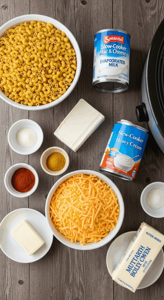 Overhead view of ingredients for slow-cooker mac and cheese: elbow macaroni, shredded cheddar, cream cheese, evaporated milk, cream, butter, and spices on a wooden counter.