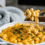 A large bowl of creamy slow-cooker macaroni and cheese garnished with pepper and parsley, with a fork lifting a bite in a cozy living room setting.