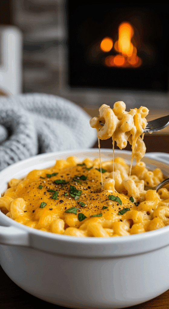 A large bowl of creamy slow-cooker macaroni and cheese garnished with pepper and parsley, with a fork lifting a bite in a cozy living room setting.