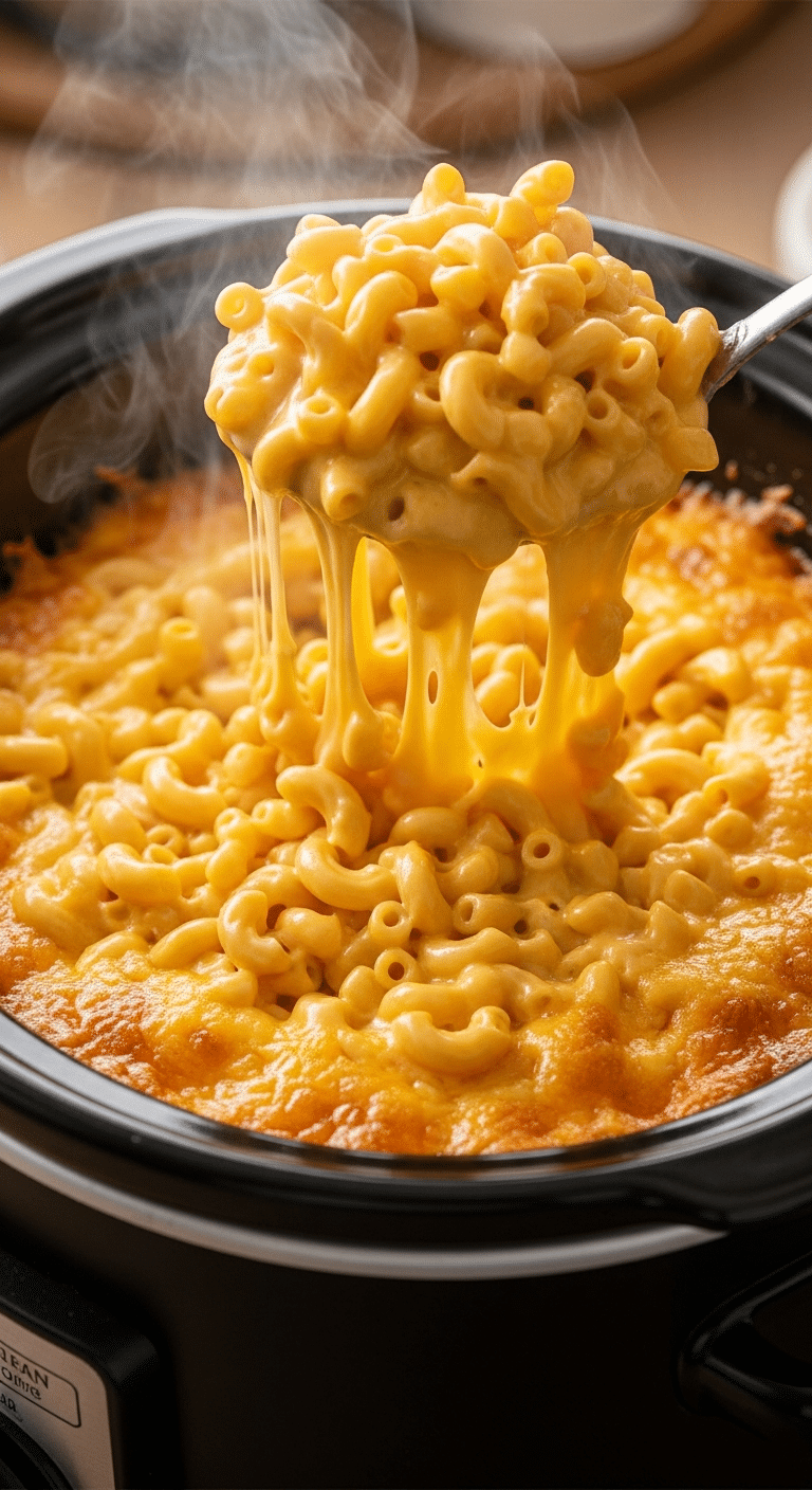 A close-up view inside a slow cooker filled with creamy, glossy macaroni and cheese with golden bubbly edges, with a spoon lifting a scoop to show a cheese pull.