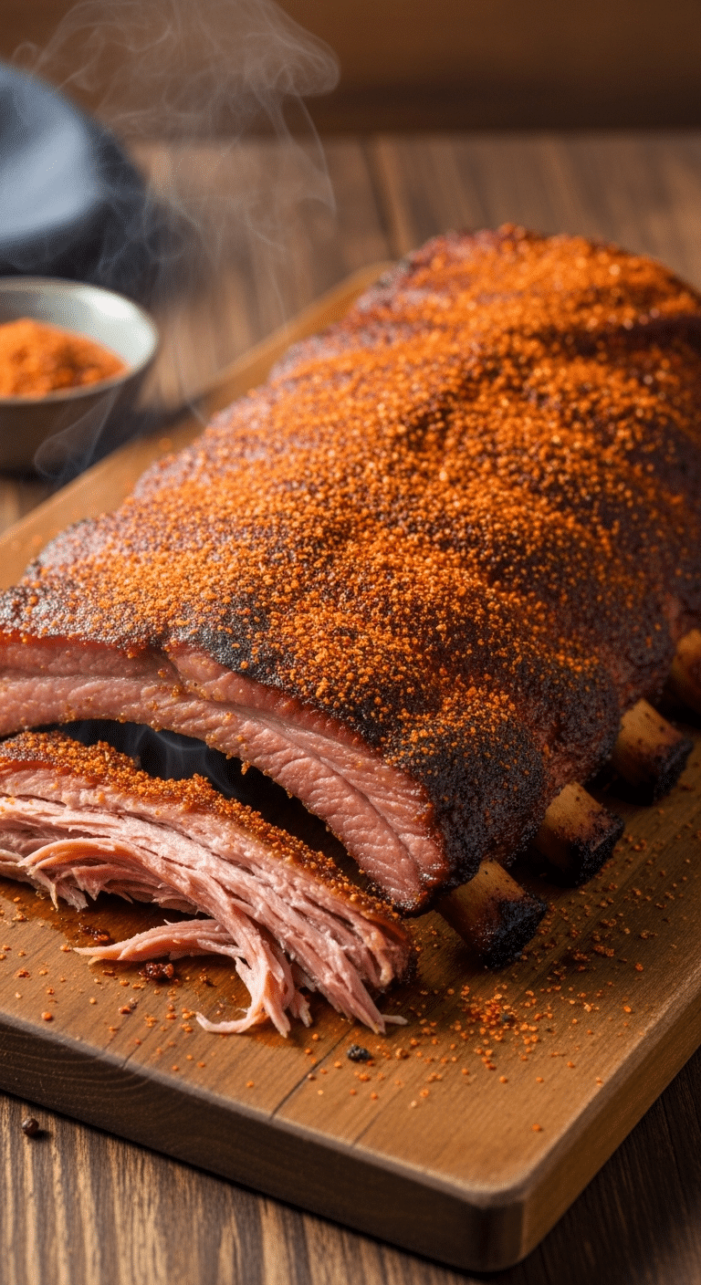A close-up photograph of a rack of dry-rubbed Memphis-style ribs on a wooden board, showing a dark spice crust and tender meat pulling away from the bones.
