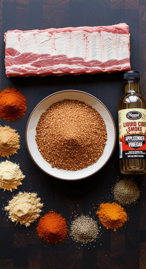 Overhead view of ingredients for Memphis ribs: raw pork ribs, a large bowl of spice rub, piles of paprika, brown sugar, and other spices on a butcher block.
