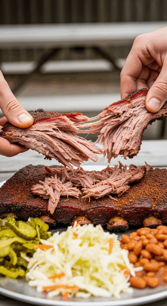 Hands pulling apart a tender Memphis-style dry rub rib, revealing shredded meat, served on a plate with coleslaw and beans outdoors.