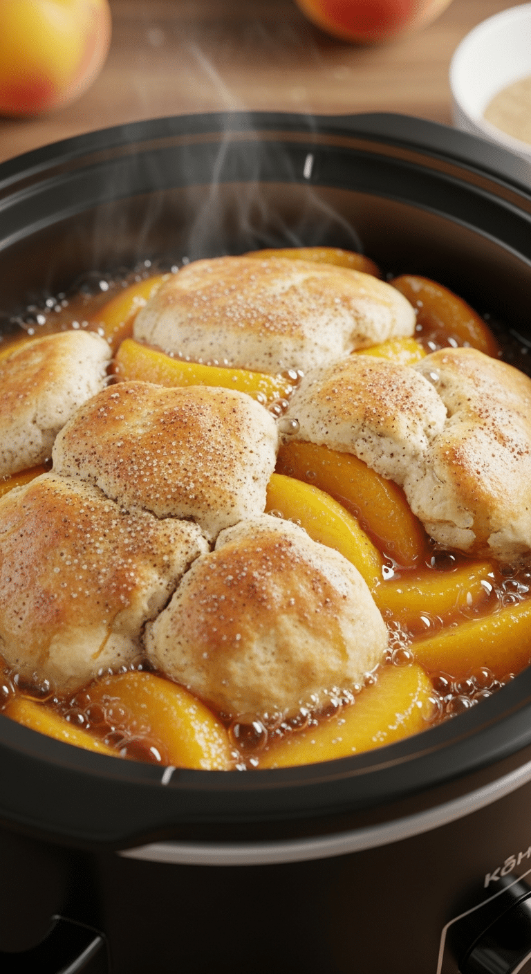 A close-up view inside a slow cooker filled with warm peach cobbler, showing a golden soft crust and bubbling peaches with steam rising.
